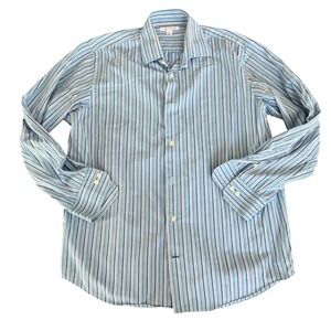 Banana Republic Mens Large Blue Teal Striped Cotton Button Down Shirt 16-16.5 L